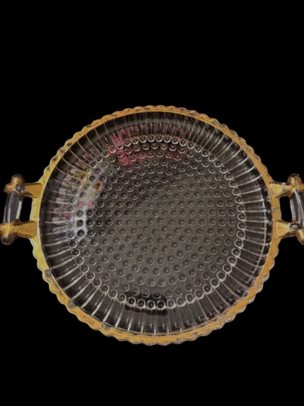 Vintage~1940s~Jeanette~Glass~Two Handled~Serving Tray~Hobnail Center~Gold Trim